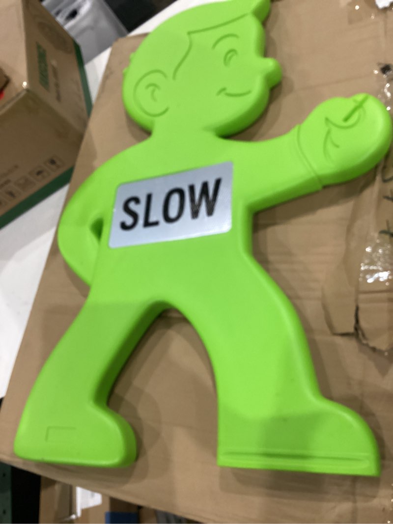 Condition photo showing Good Condition for outdoor child safety sign - kid alert street safety sign - 31" green caution sign for neighborhoods schools driveway, children at play sign with reflective "slow" sticker & warning flag