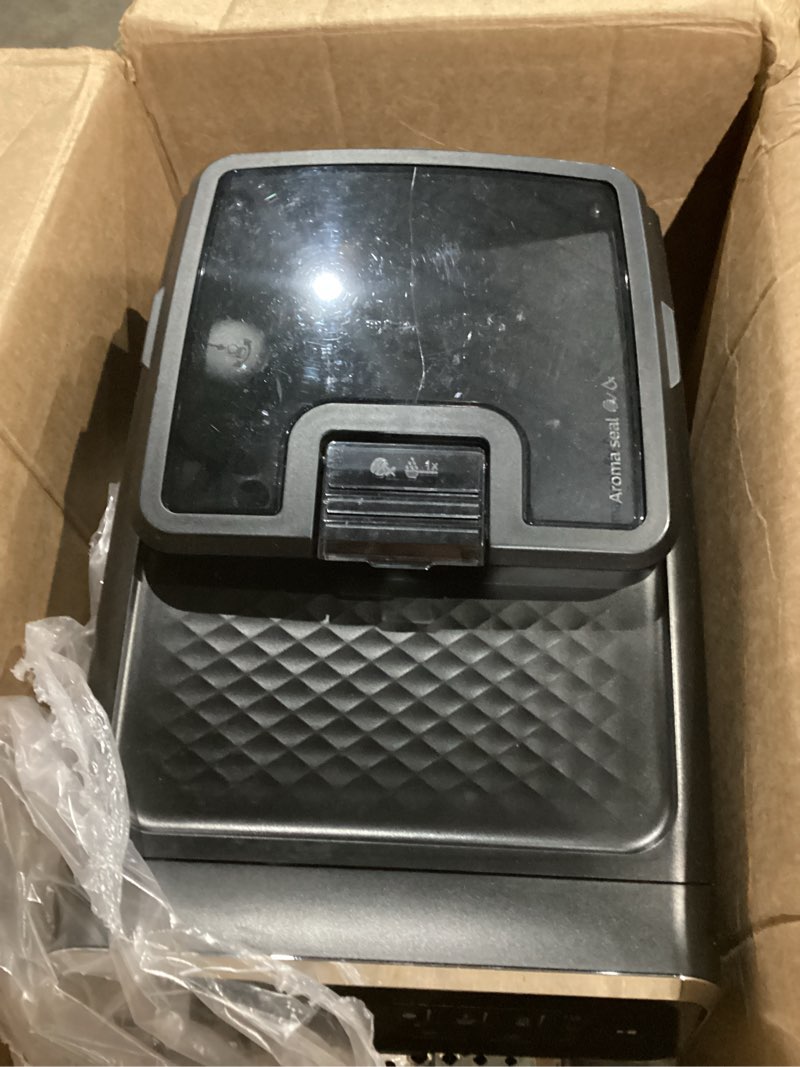 Condition photo showing As Is for Philips 3300 Series Fully Automatic Espresso Machine with integrated milk frother and grinder, 5 Hot & Iced Coffee Pre-Sets, 40% Quieter SilentBrew, 15-Bar Pressure, Glossy Black (EP3326/90) Black Chrome 9.7"D x 17"W x 14.6"H