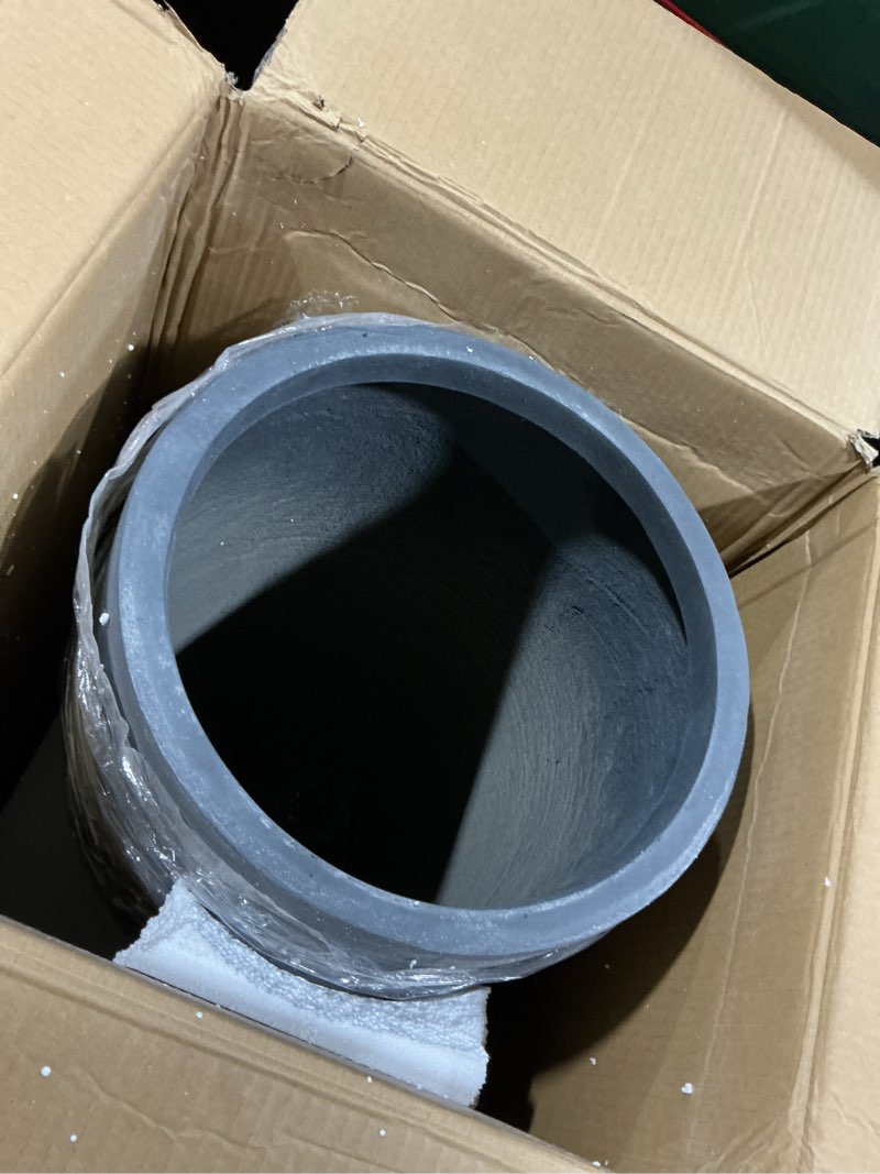 Condition photo showing As Is for Kante 24 Inch Tall Round Concrete Planter, Large Indoor Outdoor Plant Pots with Drainage Hole and Rubber Plug, Modern Decorative Garden Pots for Home Patio Porch, Charcoal Charcoal 24" Tall