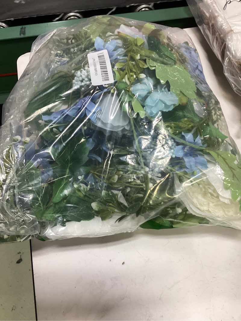 Condition photo showing Good Condition for 2 pack artificial peony garland, total 12ft floral greenery garland with rose flower vine, peony flowers and green leaves for wedding, dining table, home party decor white&blue&dark blue 2