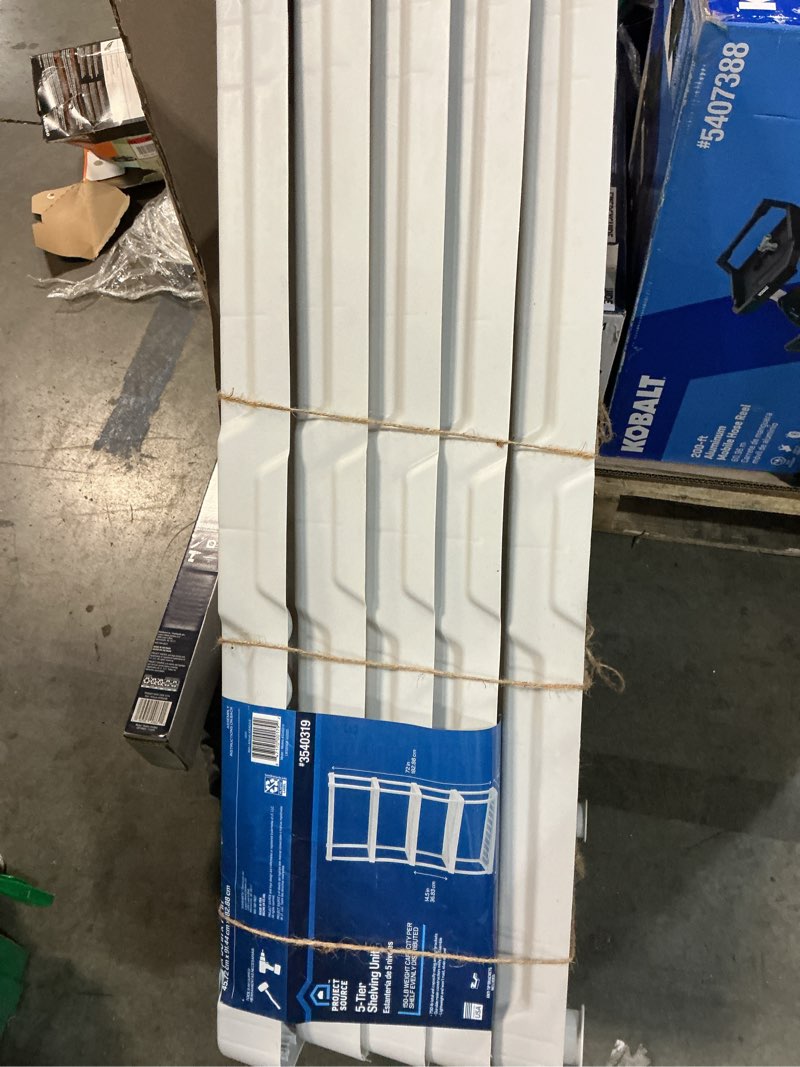 Condition photo showing As Is for project source plastic heavy duty 5-tier utility shelving unit (36-in w x 18-in d x 72-in h), white, (150-lb capacity per shelf)
