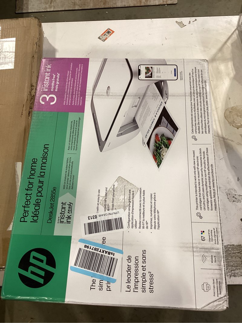 Condition photo showing New/Like New for hp deskjet 2855e wireless all-in-one color inkjet printer, scanner, copier, best-for-home, 3 month instant ink trial included. this printer is only 2.4 ghz capable. (588s5a)
