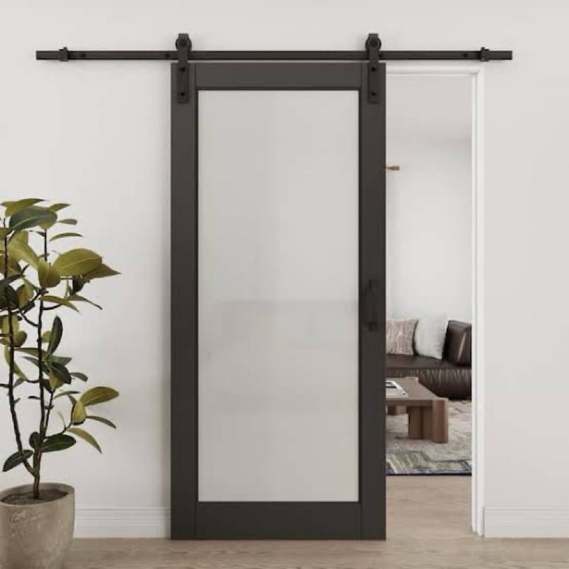 frosted glass solid manufactured 27x82  wood painted sliding barn door black