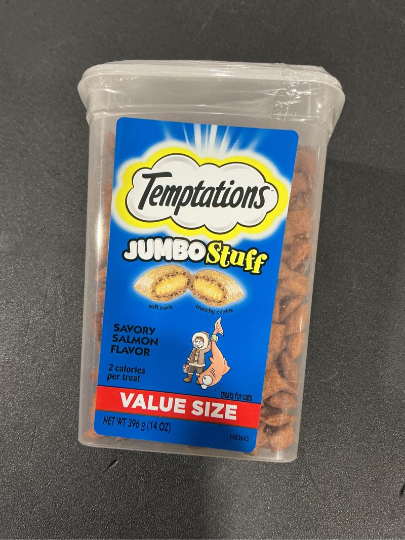 Condition photo showing New/Like New for Temptations Jumbo Stuffed Cat Treats, Crunchy and Soft Cat Treats, Savory Salmon Flavor, 14 oz. Tub Salmon 14 Ounce (Pack of 1)