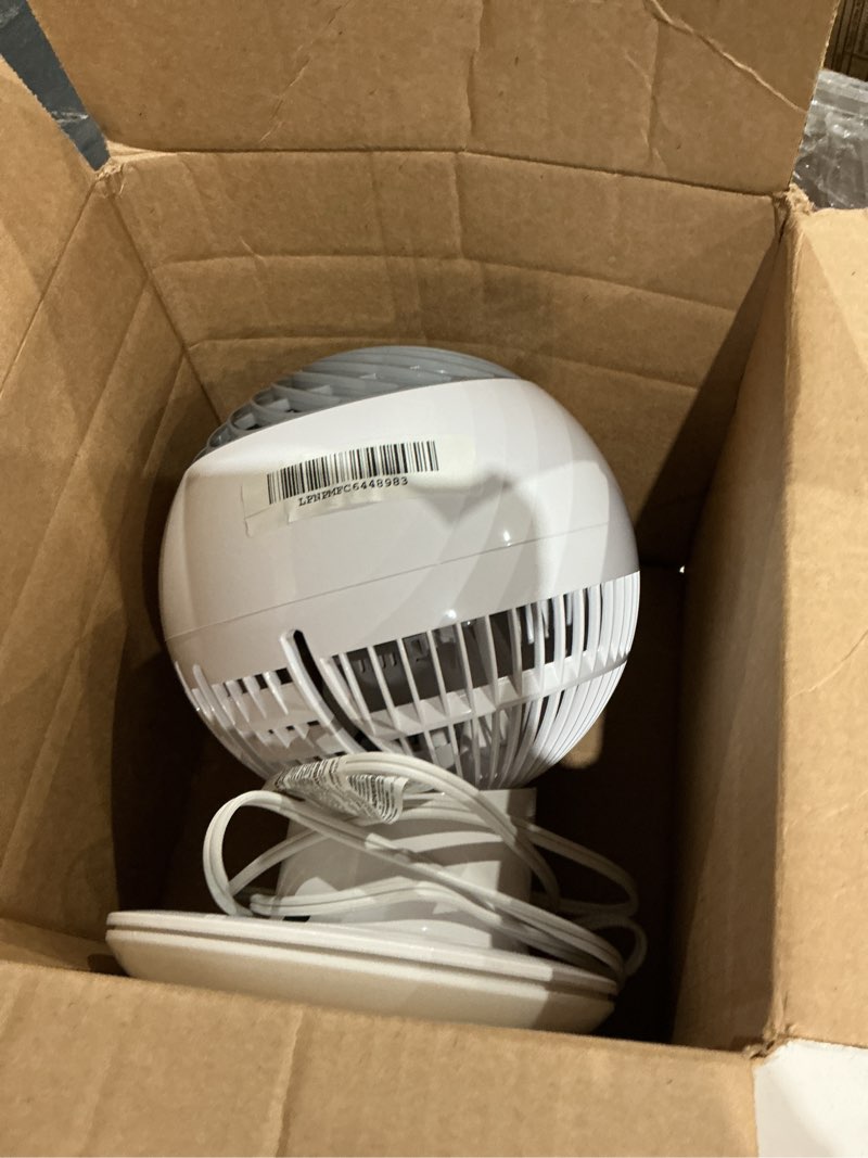 Condition photo showing As Is for iris usa woozoo air circulator fan with remote, oscillating, 5 speeds, 82ft max air distance, 90° adjustable tilt, 30db quiet motor, small fan for bedroom, office, dorm, white 5-speed white