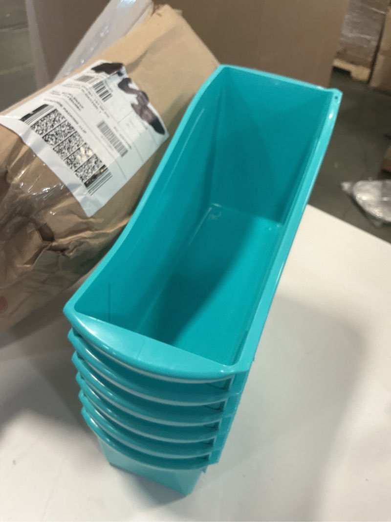 storex large book bin, interlocking plastic organizer for home, office and classroom, teal, 6-pack