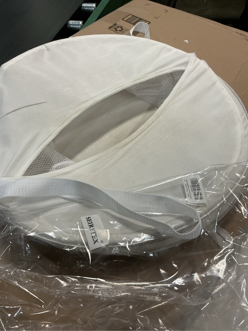 Condition photo showing As Is for seiritex mesh popup laundry hamper 115l collapsible laundry basket extra large capacity foldable clothing storage basket with handles no lid 26 h x 18 w x 18 l (white) 1 white-1