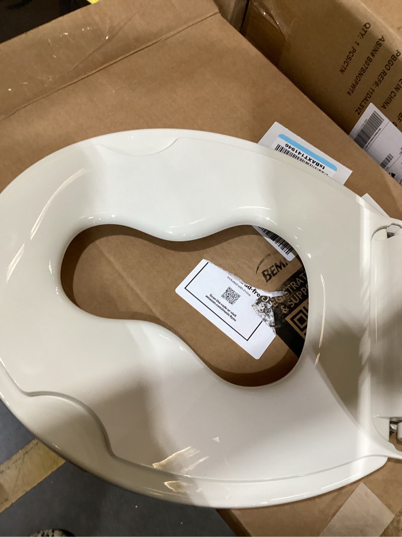Condition photo showing As Is for mayfair nextstep2 toilet seat with built-in potty training seat, slow-close, removable that will never loosen, elongated, white elongated 1