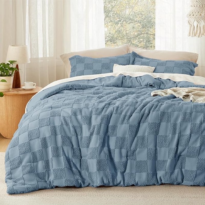 bedsure king size comforter set mineral blue, boho tufted bed set, checkered farmhouse shabby chic bedding, 3 pieces, 1 plaid geometric comforter and 2 pillow shams