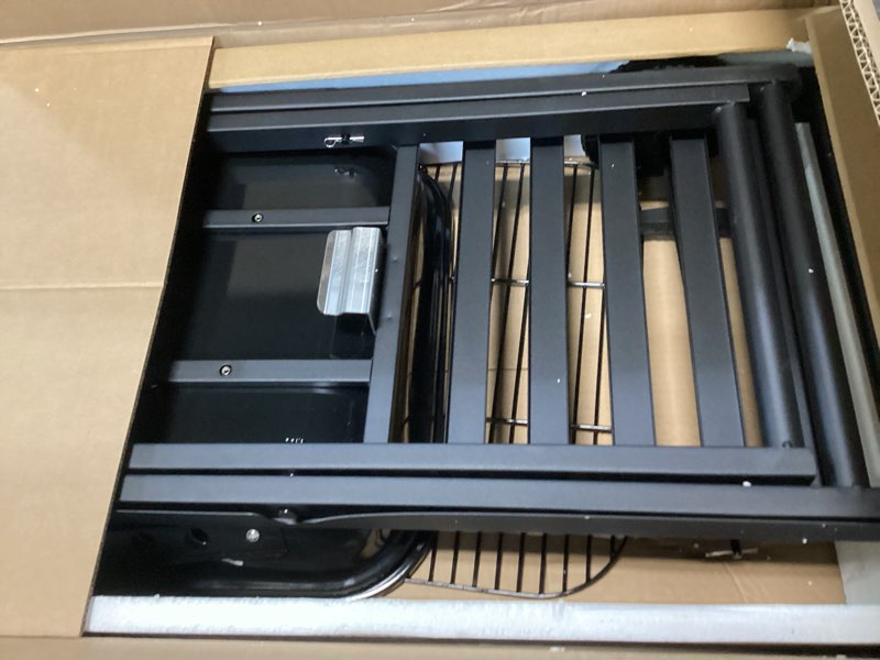Condition photo showing New/Like New for portable charcoal grill, small charcoal grill, tabletop bbq grill, foldable camping grill, outdoor grill for picnic, tailgating, travel, porcelain-enamel grates, adjustable air vent standard