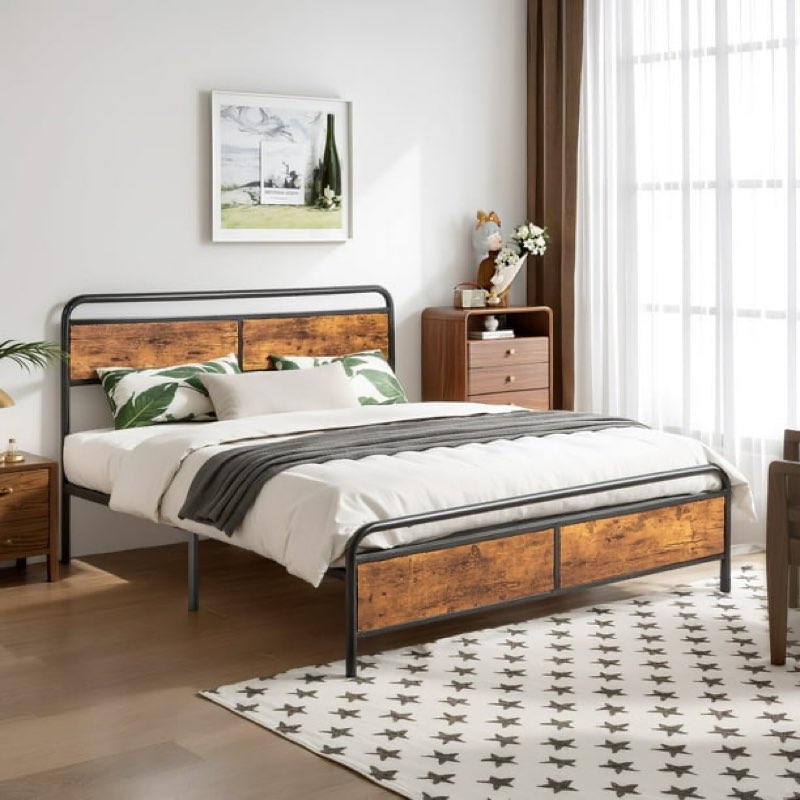 vecelo queen size platform bed frame, heavy duty metal bed frame with rustic vintage wood headboard, under-bed storage, noise free, no box spring needed, brown