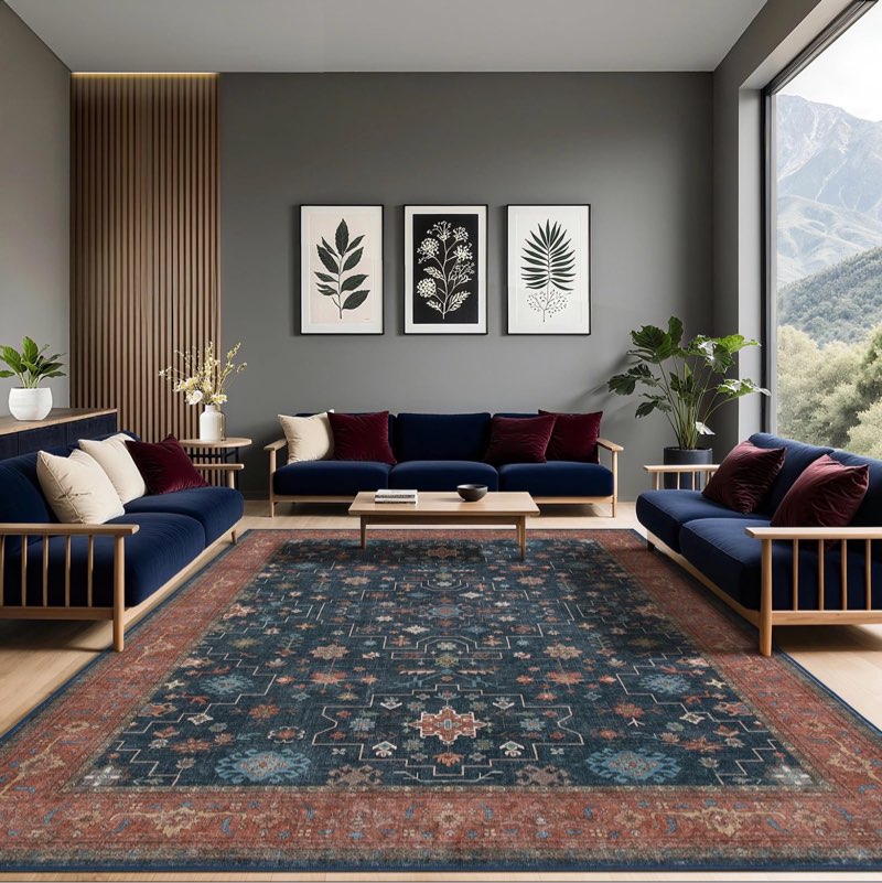 LBRO2M Distressed Washable Rugs 9X12 Area Rug for Living Room for Bedroom Dining Room Non Slip Farmhouse Rugs Easy Clean, Stain Resistant Carpet Great for Pets and Kids (9'X12' Distressed Blue)