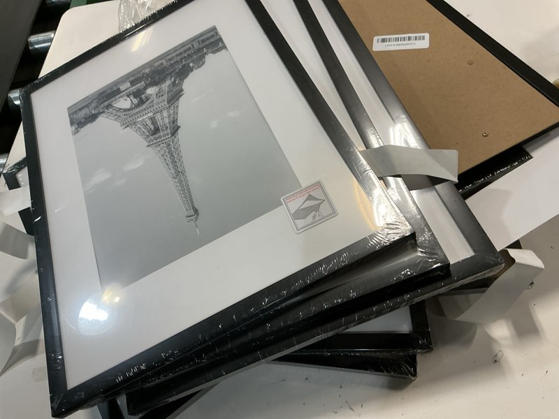 Condition photo showing As Is for upsimples 12x16 picture frame set of 10, display pictures 8.5x11 with mat or 12x16 without, multi photo frames collage for wall display, black black 12x16