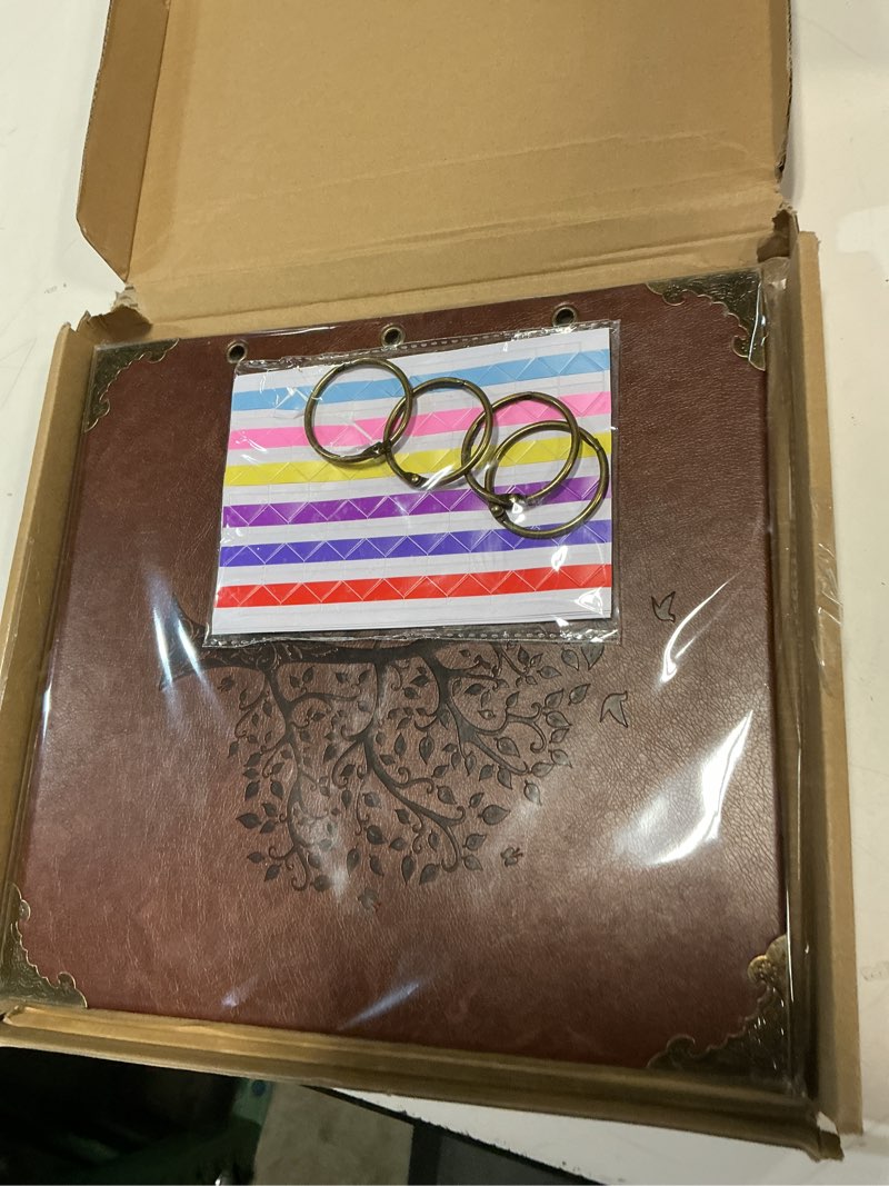 Condition photo showing New/Like New for Photo Album DIY Scrapbook (10x10 inch 50 Pages Double Sided), Vintage Leather Cover Three-Ring Binder Family Picture Booth with 9 Color 408pcs Self Adhesive Photos Corners for Memory Keep, Tree