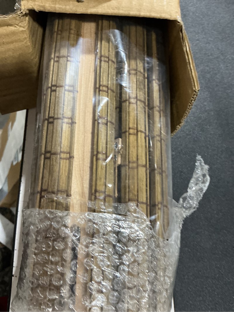 Condition photo showing Good Condition for lazblinds cordless bamboo roman shades, privacy blinds for interior windows, room darkening roll up bamboo blinds for home & patio, 20" w x 64" h, highfield teak pricacy - highfield teak 20" w x 64" h