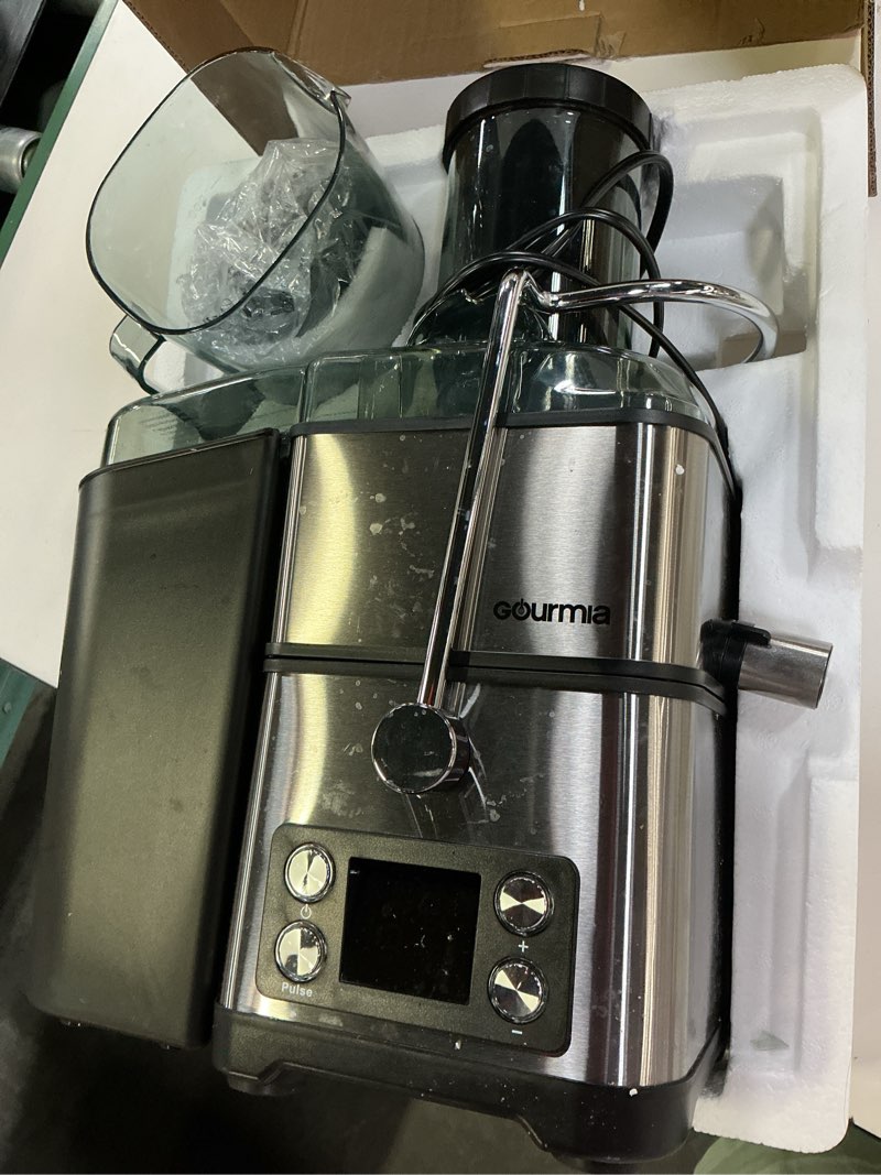 Condition photo showing Good Condition for (used) gourmia centrifugal juicer - 6 speed digital juice extractor with extra-wide chute, pulse mode, self-clean cycle, 36 oz pitcher, pulp container & cleaning brush, stainless steel