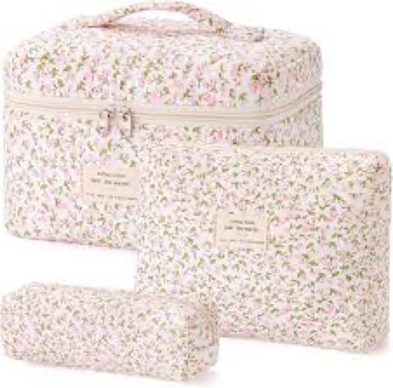 HBselect Quilted Makeup Bag, 3PCS Cotton Large Travel Makeup Bag, Cute Floral Coquette Make up Bag C
