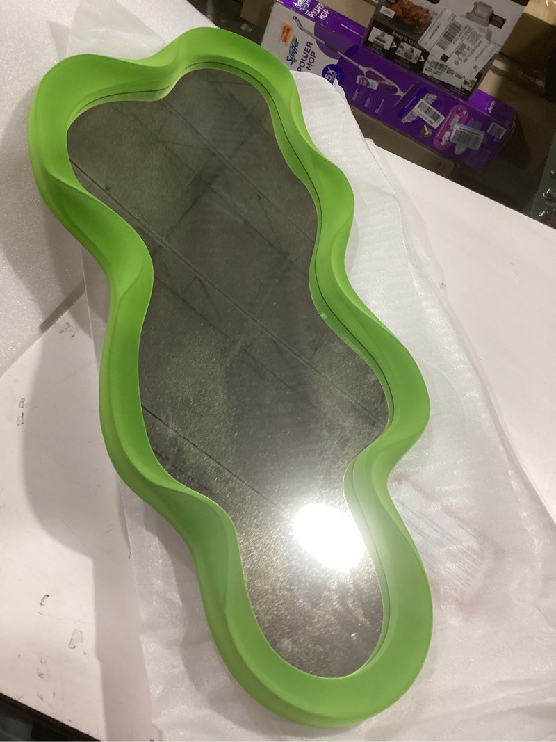 Condition photo showing As Is for Green Wall Mirror Decor for Hallway Entryway, Large 13.8x29.7 Asymmetrical Decorative Mirrors for Home Office Living Room, Funky Home Decor for Housewarming Christmas Wedding Gift (Lawn Green) Cloud-lawn Green 29.5x14"