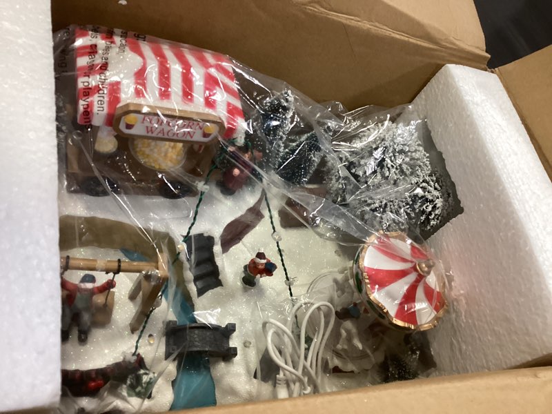 Condition photo showing Good Condition for Christmas Village House, Animated Popcorn Popper with Carousel Scene Lighted Musical Christmas Village 