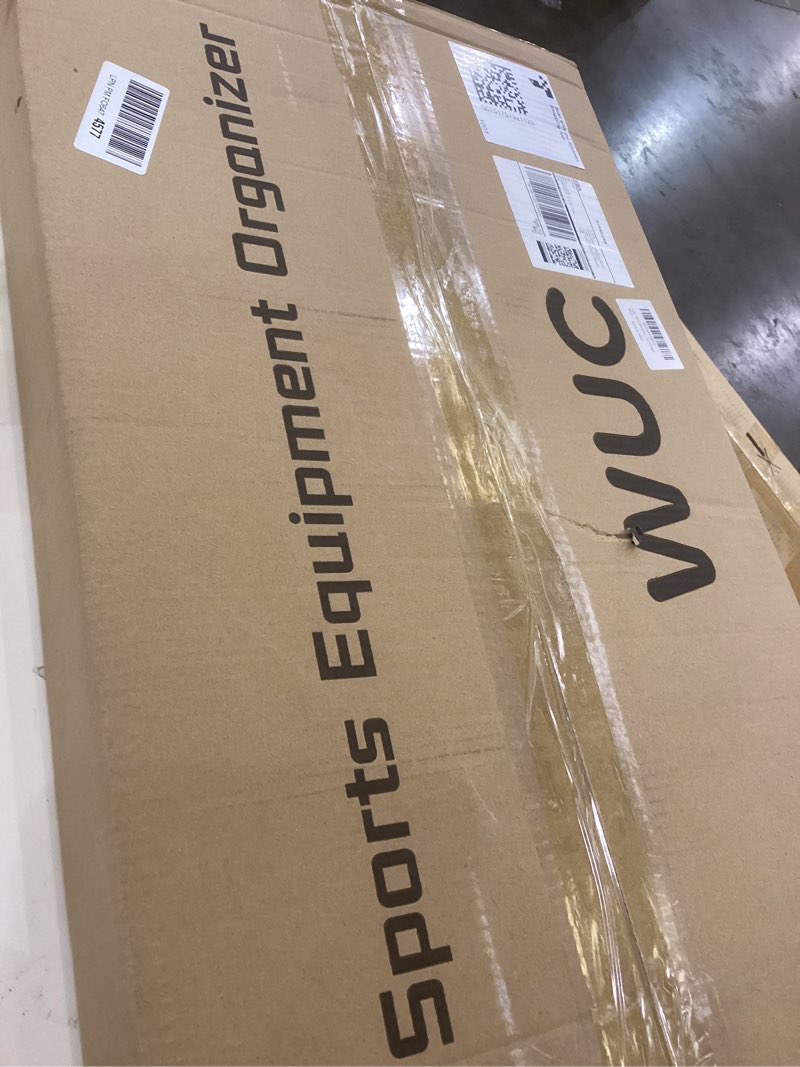 Condition photo showing Good Condition for Sports Equipment Garage Organizer - Heavy Duty Garage Organization Ball Storage Rack with Basket, Hooks and Rolling Cart for Sports Gear and Toy Storage, Indoor/Outdoor Use, Black