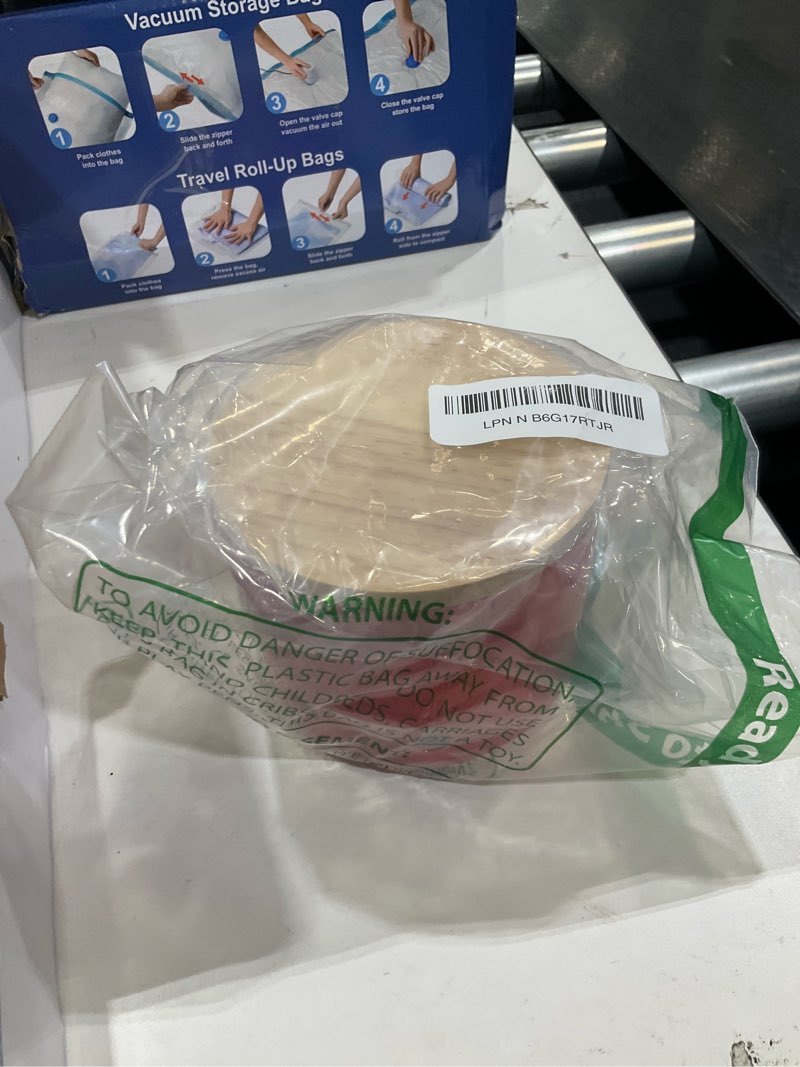 Condition photo showing As Is for ONTUBE Garlic Keeper with Wooden Lid, Ceramic Garlic Holder Storage, Garlic Container for Kitchen, Garlic Saver to Keep Your Garlic Cloves Fresh Longer 4 Inch, Red