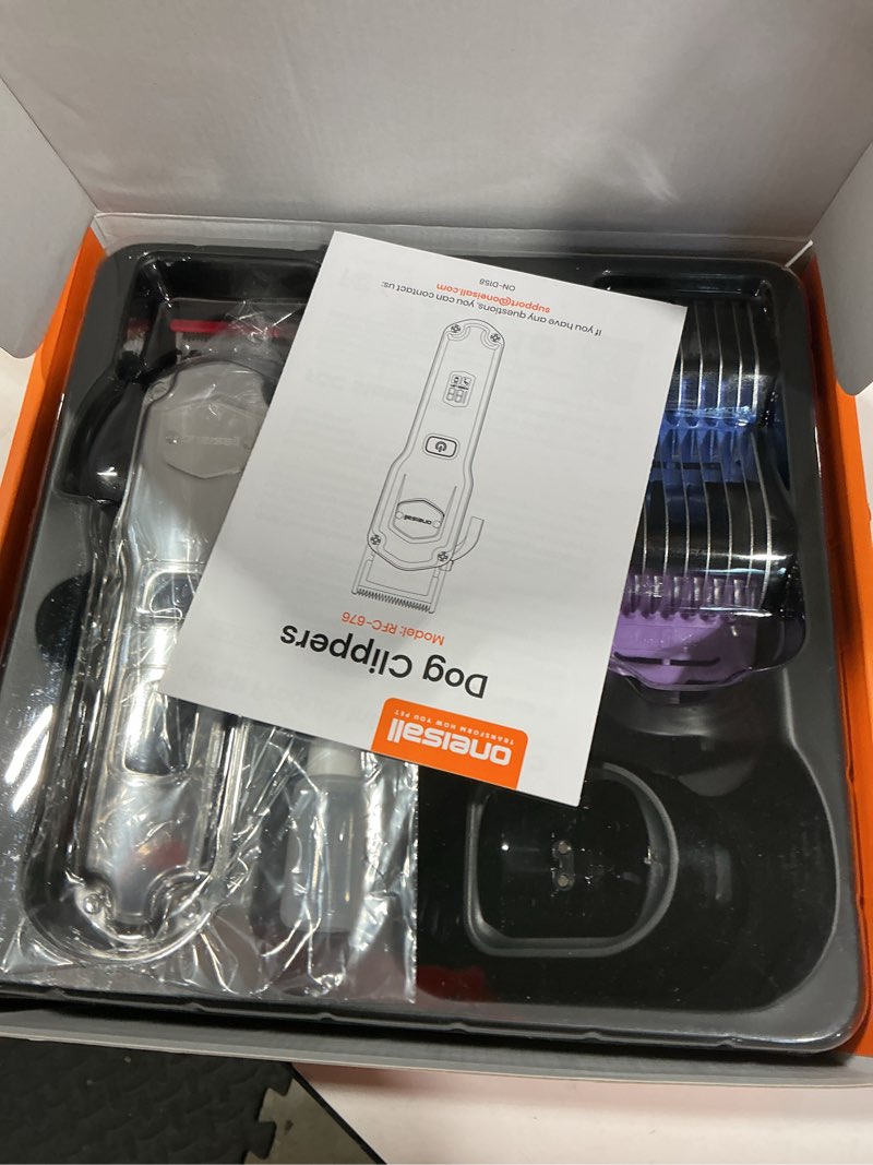 Condition photo showing New/Like New for oneisall professional dog grooming clippers: cordless rechargeable thick hair clipper with detachable metal combs, low noise heavy-duty pet clippers for curly/fine/wavy hair, 676pro (silver) silver pro