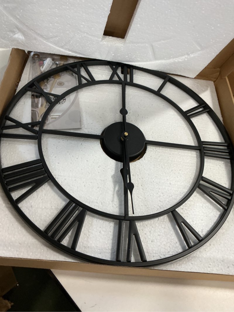 Condition photo showing Good Condition for Large Modern Metal Wall Clocks Rustic Round Nearly Silent Little Ticking Battery Operated Roman Numerals Clock for Living Room/Bedroom/Kitchen Wall Decor-(Black, 47cm) 19 Inch Black-roman Number