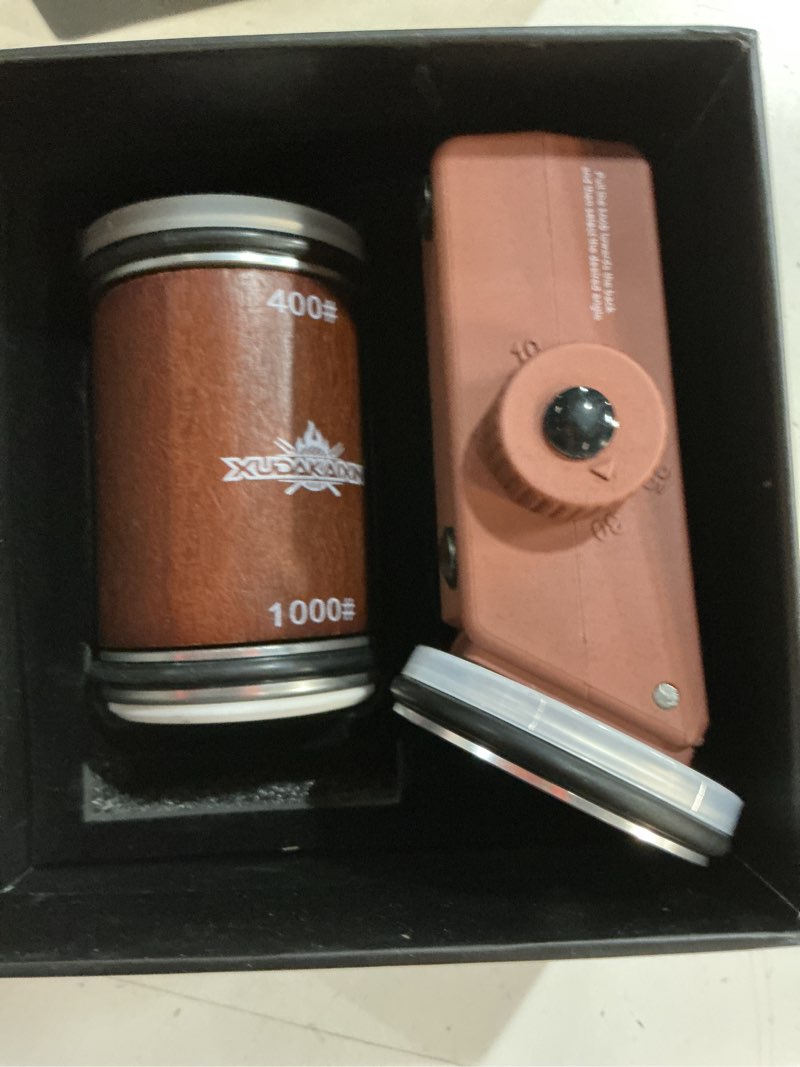 Condition photo showing Good Condition for the innovative knife sharpener - patented multi-angle premium rolling knife sharpener with extra replacement head for chef's, fruit, and all steel knives (brown)