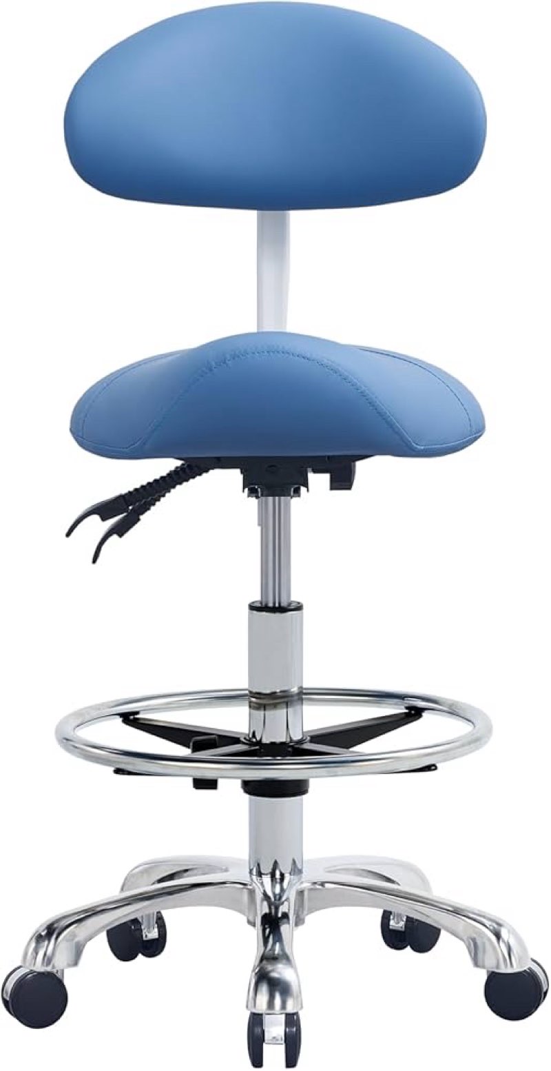 Saddle Stool Chair with Backrest and Foot Ring, Ergonomic Rolling Esthetician Seat for Salon, Tattoo