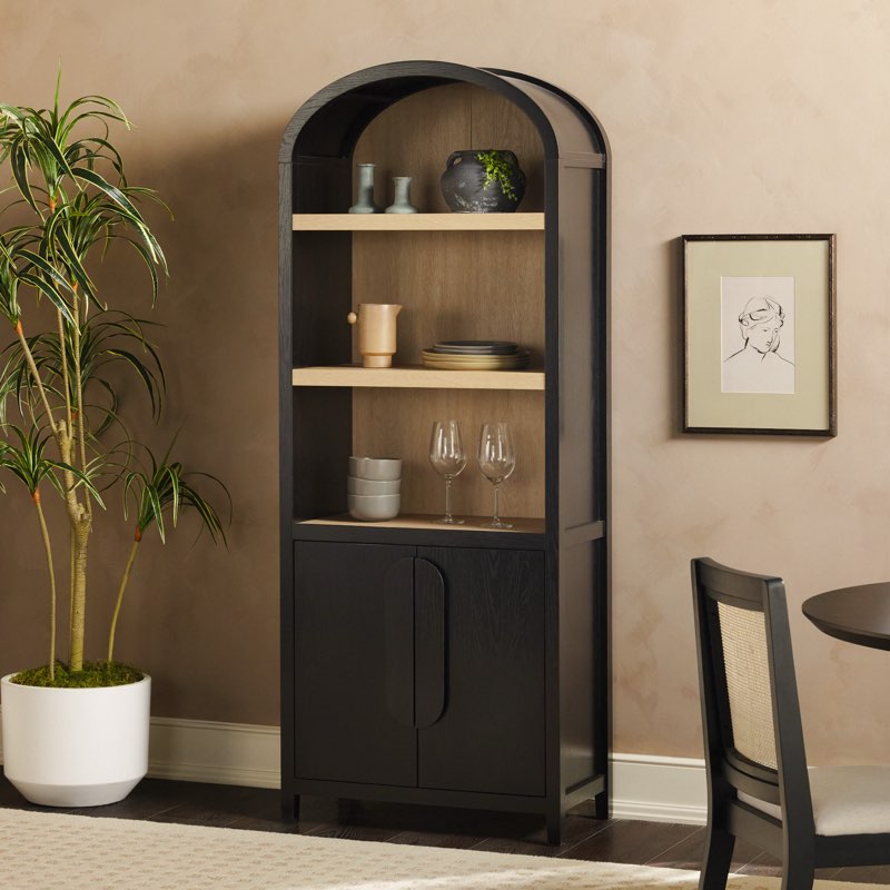 sitarski modern arched bookcase with statement cabinet
