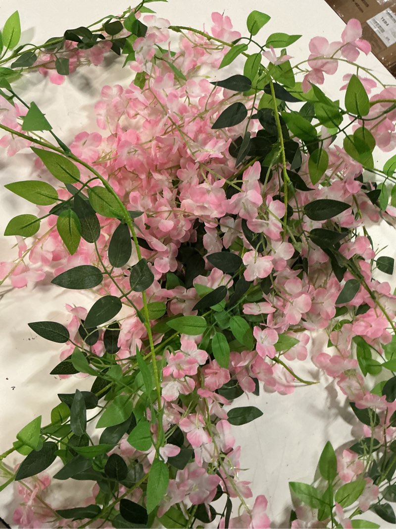Condition photo showing As Is for lvydec wisteria artificial flowers garland, 4 pcs total 28.8ft artificial wisteria vine silk hanging flower for home garden outdoor ceremony wedding arch floral decor (pink)