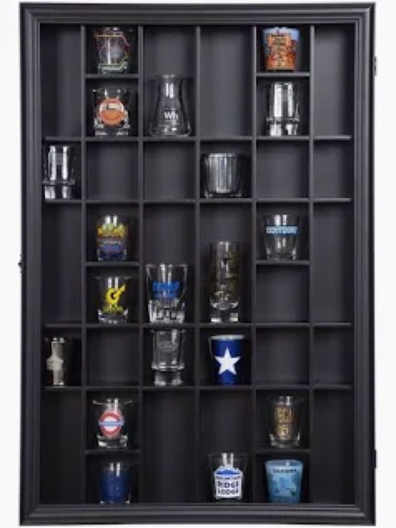 gallery solutions - black wall-mounted - curio & shot glass display case - 17"x26" glass door - bar 