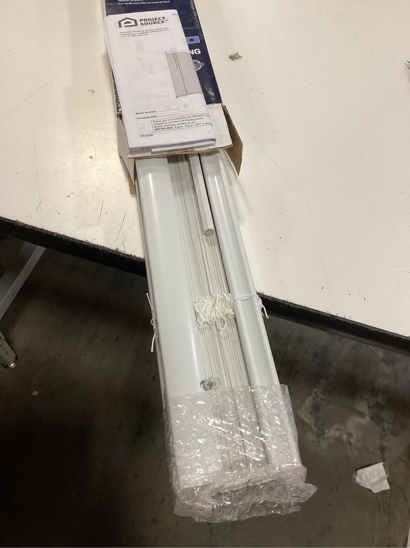 Condition photo showing As Is for project source light filtering 1-in slat width 39-in x 64-in cordless white vinyl light filtering mini-blinds