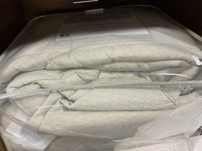 Condition photo showing Good Condition for tommy hilfiger - king comforter set, soft textured cotton matelassé bedding, medium weight for year round comfort, 3 piece bed set with matching pillowcases (monogram beige) king monogram matelassé beige