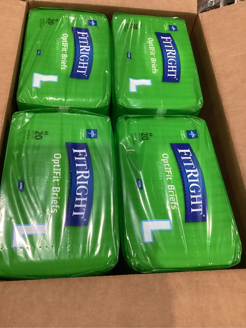 Condition photo showing New/Like New for FitRight Ultra Adult Diapers, Disposable Incontinence Briefs with Tabs, Heavy Absorbency, Large, 44"-56", 4 packs of 20 (80 total)