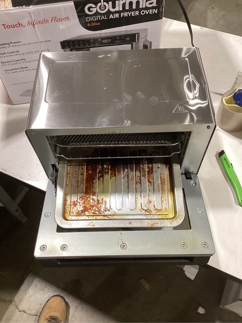 Condition photo showing As Is for gourmia toaster oven digital air fryer - convection mode with 4 slice capacity, 3 rack positions, 12 presets, toast, bagel, bake, roast, broil, dehydrate, popcorn, fits 9" pizza, stainless steel large silver