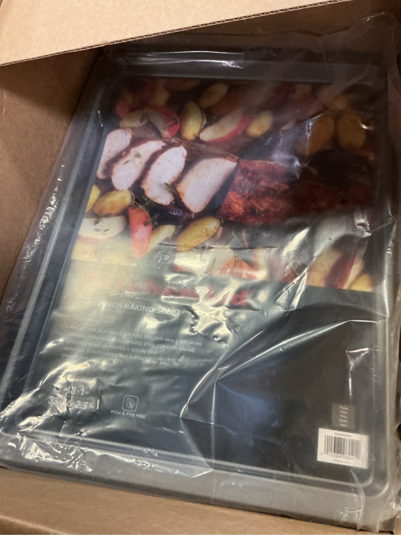 Condition photo showing As Is for KitchenAid 13x18in Nonstick Aluminized Steel Baking Sheet, Contour Silver Contour Silver 13 x 18-In