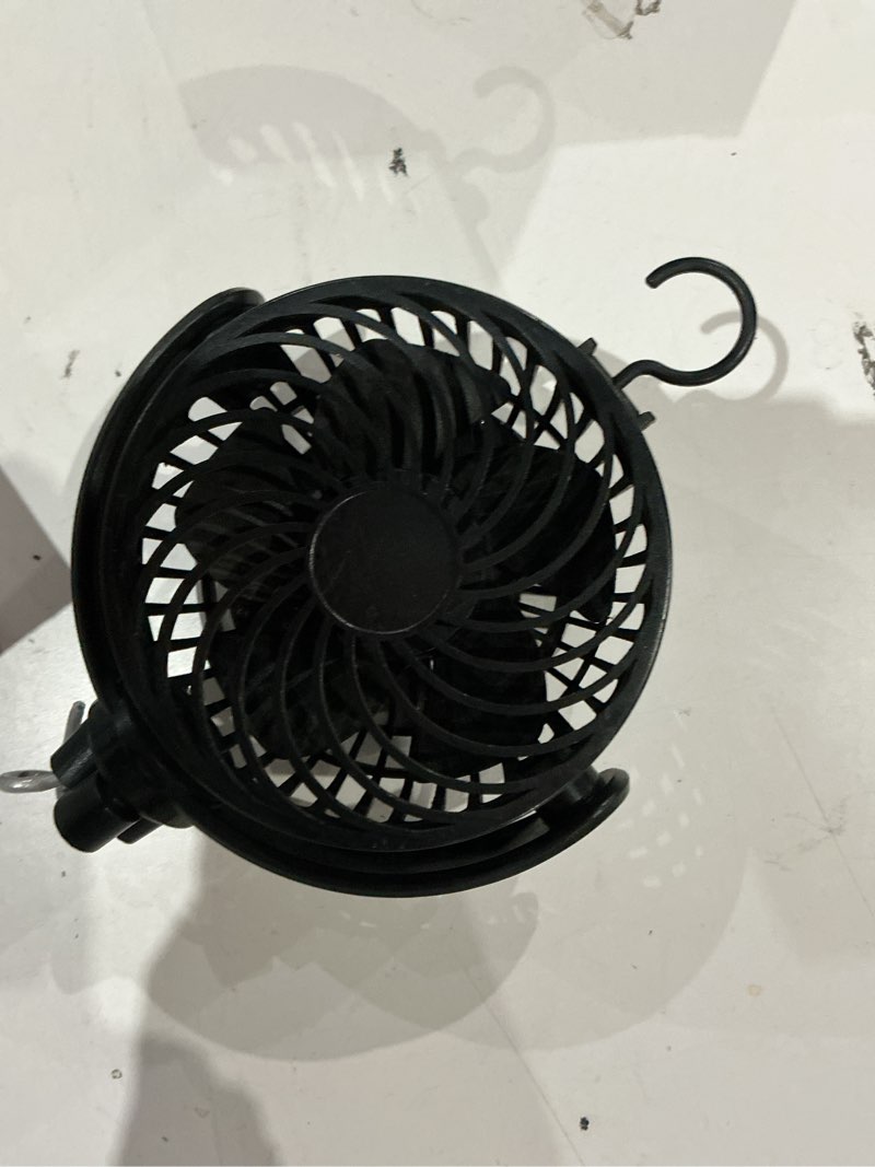 Condition photo showing As Is for mainstays new 4-inch 3-speed portable rechargeable fan with flexible tripod and digital display, black