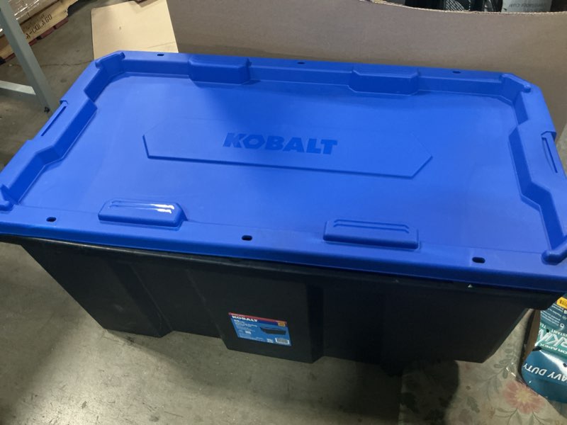 Condition photo showing As Is for kobalt x-large 50 -gallons ( 200 -quarts ) black heavy duty rolling stackable tote with latching lid