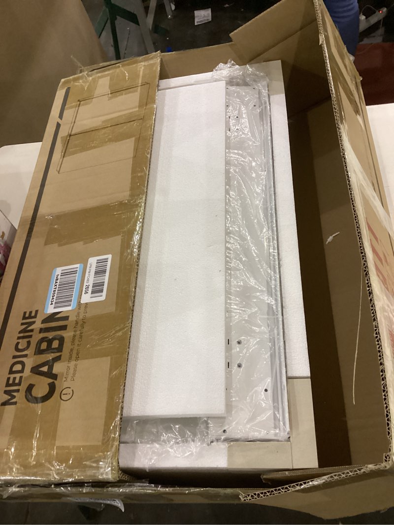Condition photo showing As Is for TokeShimi 30x26 Medicine Cabinet Mirror with Storage Tempered Aluminum Recessed or Wall Mounted Cabinet White with Stepless Adjustable Metal Shelves for Bathroom Vanity Modern Farmhouse White 30x26 IN