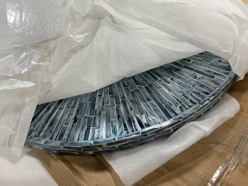 Condition photo showing Good Condition for pemar 22" round mother of pearl extra large ottoman tray with raised edge, oversized decorative luxury wooden serving tray for food, coffee table, breakfast in bed (blue sunlight)