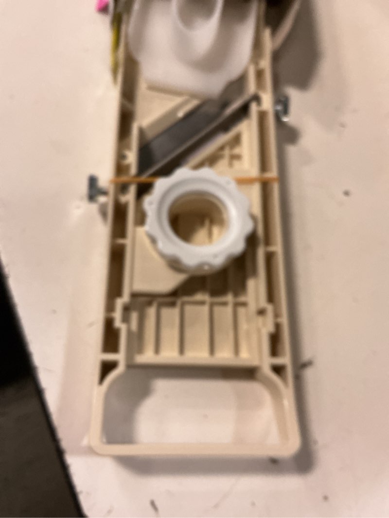 Condition photo showing New/Like New for benriner mandoline slicer with 4 blades, japanese stainless steel, bpa free, 12.75 x 3.625-inches, beige classic slicer, beige