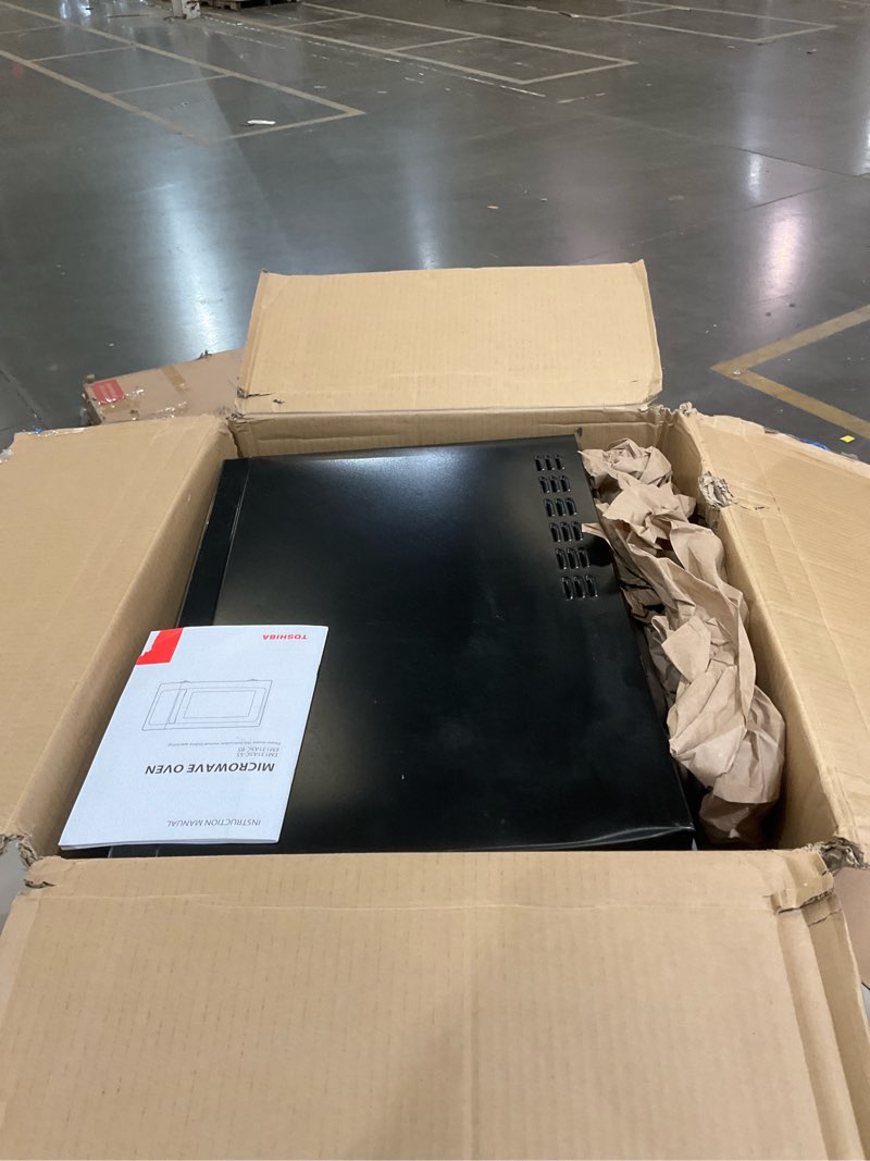 Condition photo showing As Is for TOSHIBA EM131A5C-BS Countertop Microwave Ovens 1.2 Cu Ft, 12.4" Removable Turntable Smart Humidity Sensor 12 Auto Menus Mute Function ECO Mode Easy Clean Interior Black Color 1000W 1.2 Cu.ft