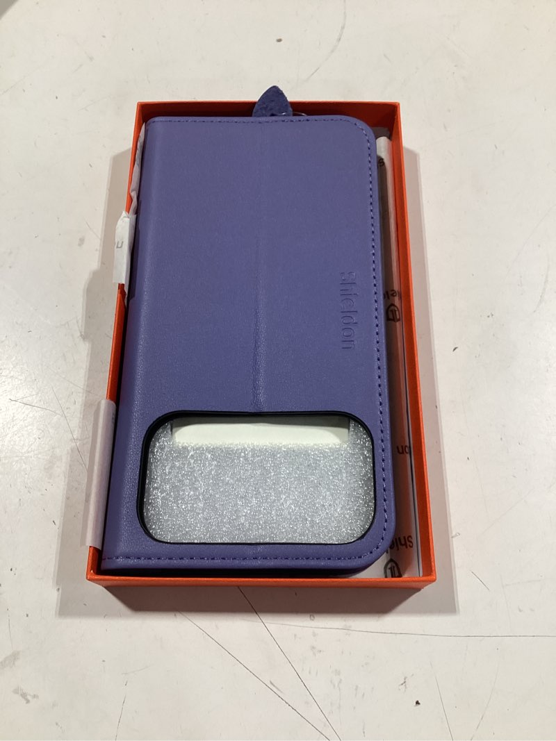 Condition photo showing Good Condition for shieldon real leather case wallet for iphone 17 pro max, wisteria purple | folio magnetic closure, rfid blocking, credit card holder, kickstand, shock absorbing protective cover for men women