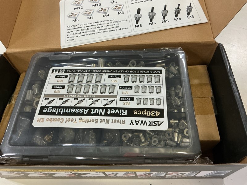Condition photo showing New/Like New for pressure rivet nut tool kit, 430pcs aluminum rivet nut combination (m8/m6/m5/m4/m3), suitable for furniture, decoration, automotive, marine and industrial applications 430 pcs rivet nut tool kit