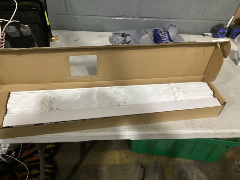 Condition photo showing Good Condition for allen + roth trim at home 2-in slat width 31-in x 64-in cordless white faux wood room darkening horizontal blinds