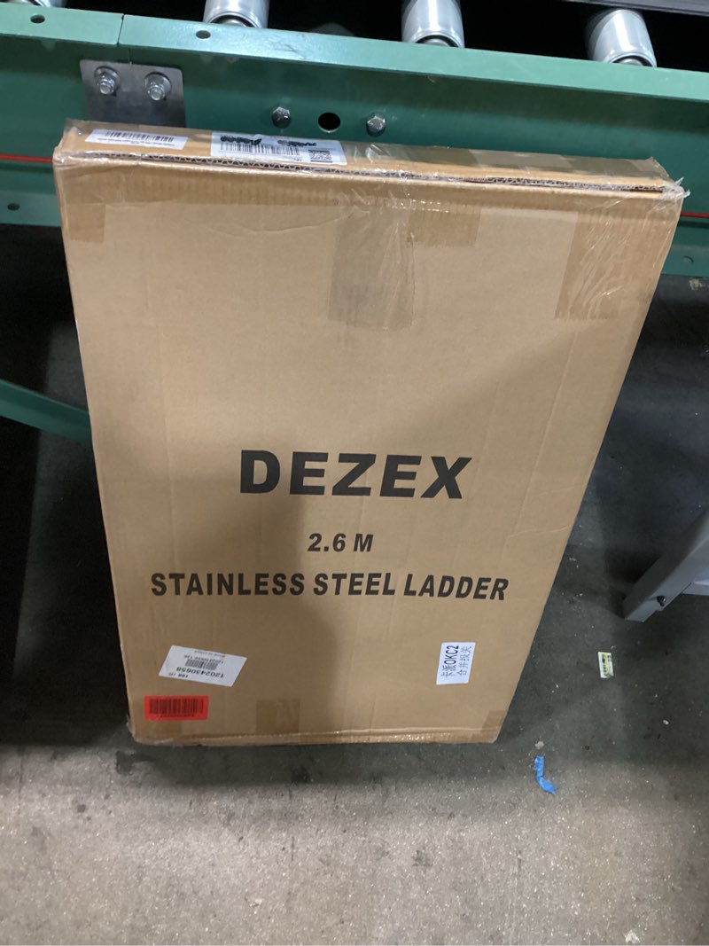 Condition photo showing New/Like New for dezex telescoping ladders 8.5 ft stainless steel ladder - one-button retraction telescopic ladder for home, rv, attic, loft, extension ladders with 2 triangle stabilizers, lasts 330 lbs silver 8.5 ft