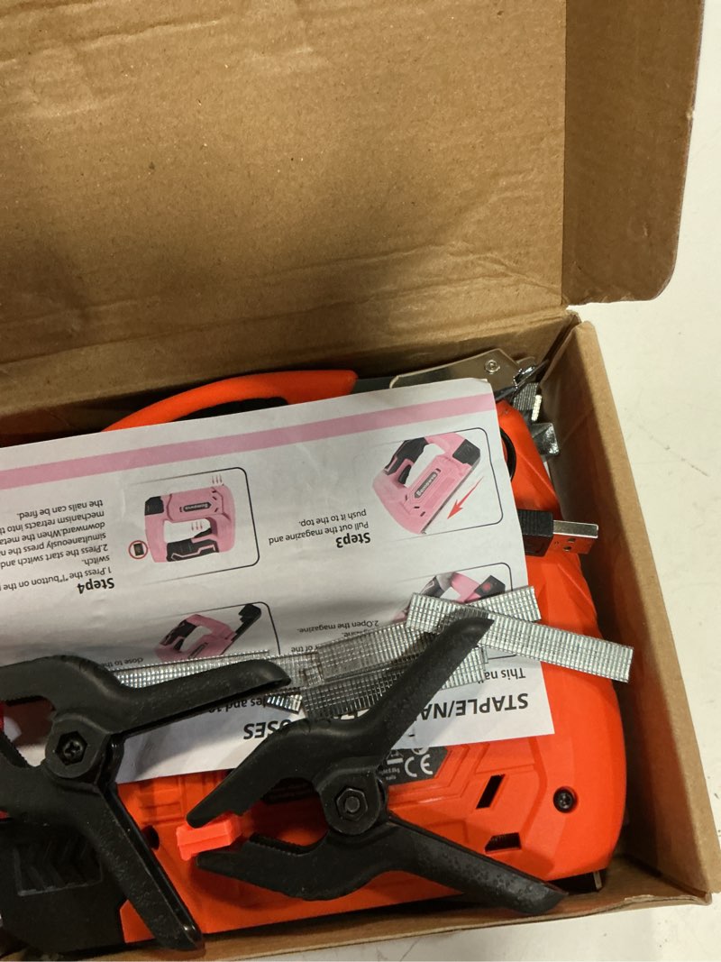 Condition photo showing Good Condition for 2-in-1 cordless staple & brad nail gun, 2000mah battery,4v electric tacker with 2500pcs staples & nails, usb-c charging, lightweight for upholstery, woodworking, diy, home repair orange or pink 2000