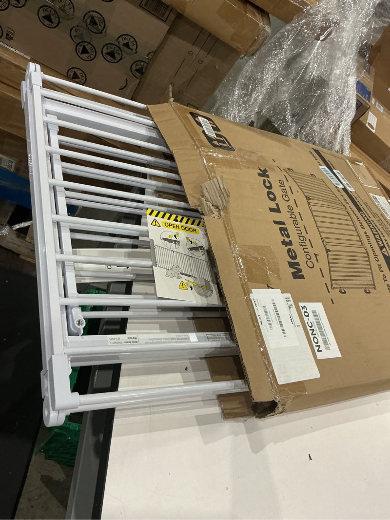 Condition photo showing Good Condition for 78" extra wide baby gate, dog gates indoor for doorways stairs, essential safety gate for child, hardware mounted adjustable pet gate with anti-trip pedal, 28'' tall 3 metal panels white white 78" wide