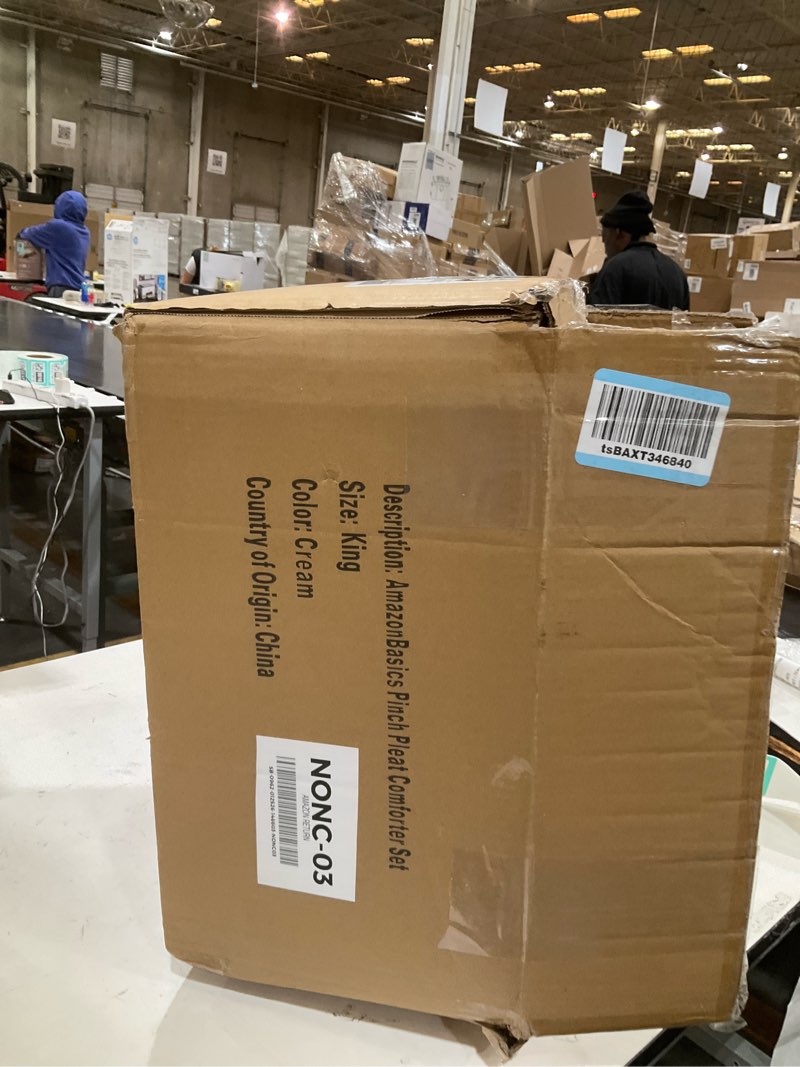 Condition photo showing Good Condition for Amazon Basics Warm, Soft King Size All-Season Down-Alternative 3-Piece Comforter Bedding Set, Pinch Pleat With Piped Edges Design, Cream Cream King